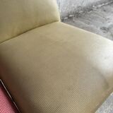 Set of 3 Mid-century club chairs — light blue, wine red & ochre textile with wooden legs