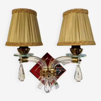 Atypical pair of vintage wall lights in gilded brass and crystal