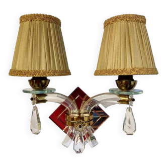 Atypical pair of vintage wall lights in gilded brass and crystal