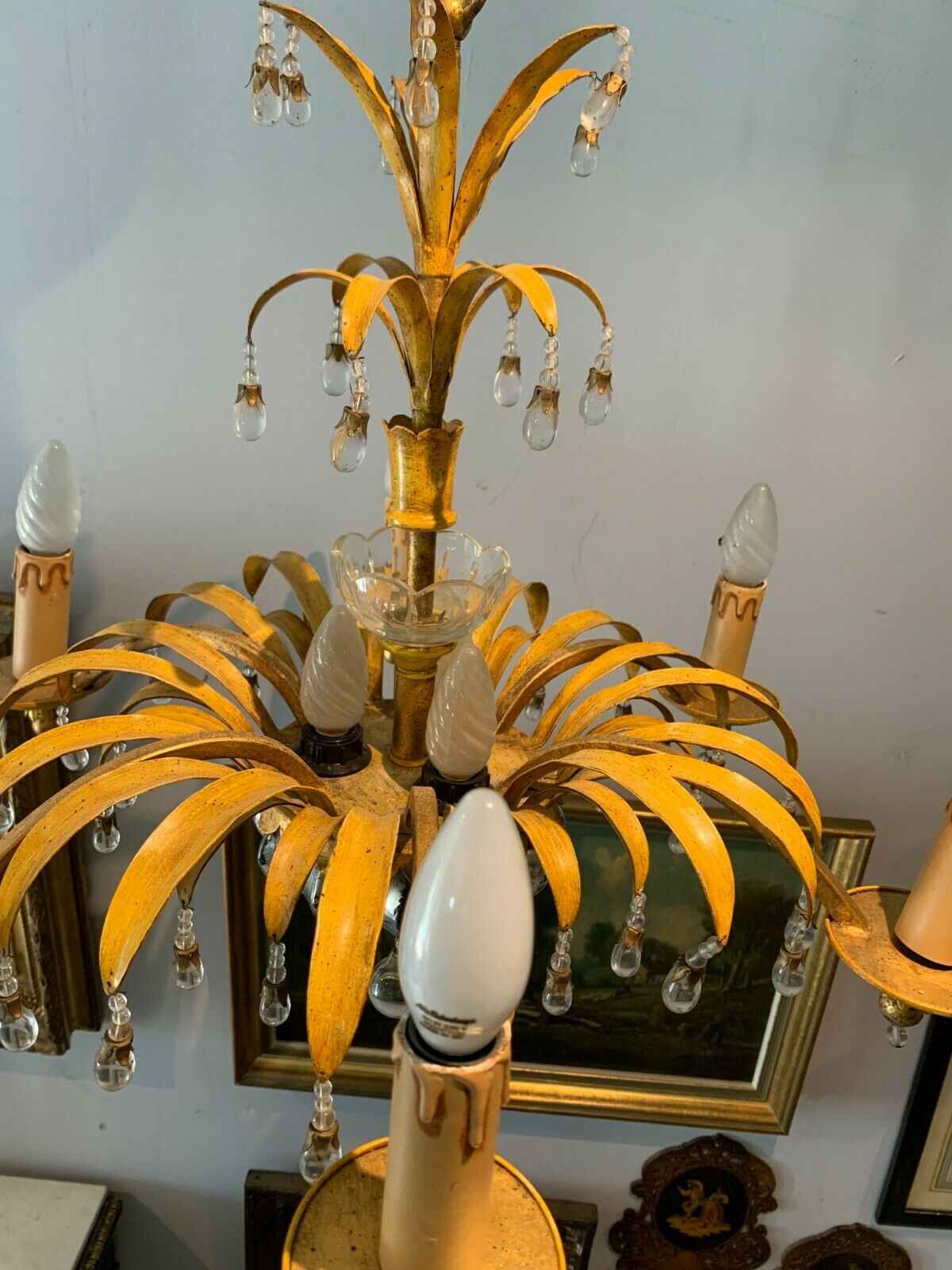 Glass chandelier and patinated sheet metal Six arms of light XX century