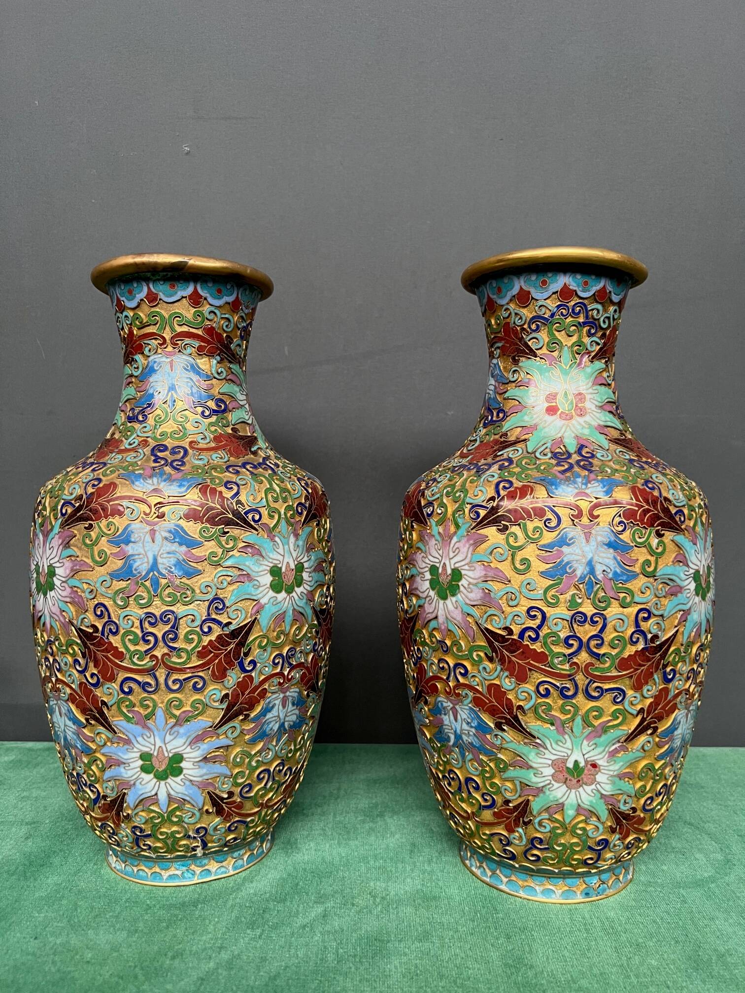 Pair of Chinese bronze vases decorated with cloisonné enamel.