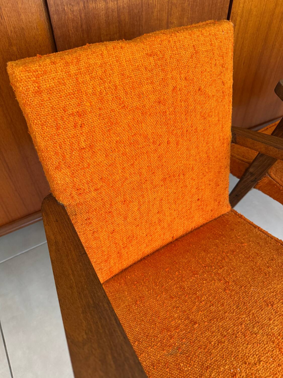 Pair of vintage 60s armchairs in wood and orange bouclé fabric