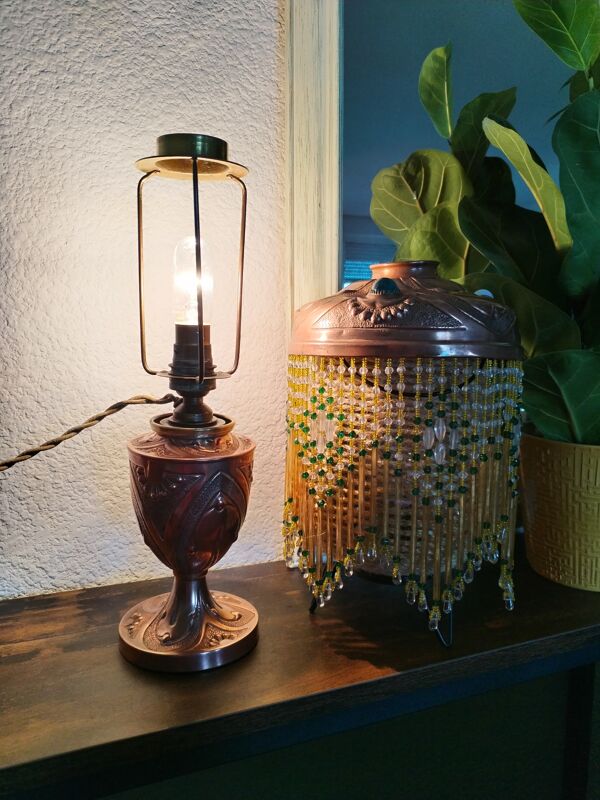 Lampe Parisienne Cuivre Art Déco 1930 SGDG Abat Jour Pampilles Perles