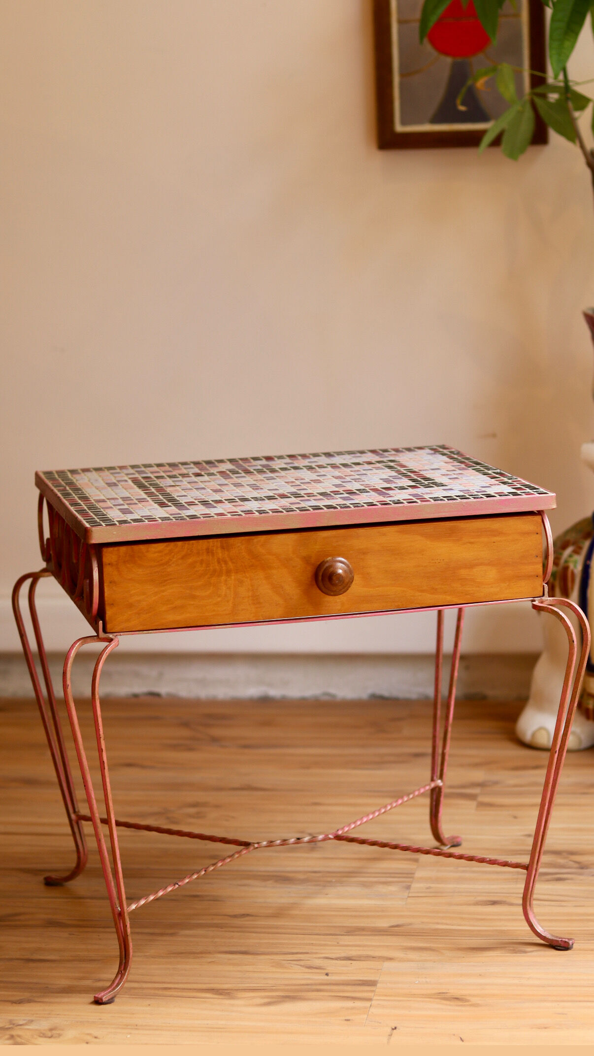 Small side table in wrought iron and mosaic, 1950s-60s.