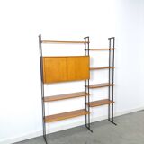 Modulair Omnia wandsysteem, Hilker, teak en zwart staal met legplanken