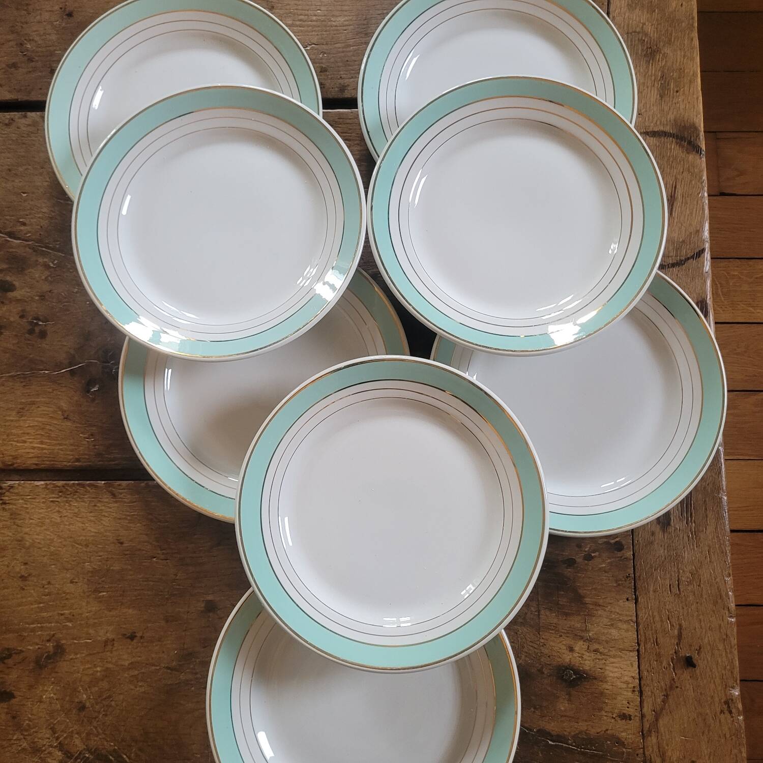 8 Lunéville Régence green water gold flat plates circa 1960