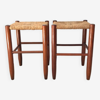 Vintage wooden and straw stools from the 60s