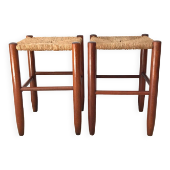 Vintage wooden and straw stools from the 60s