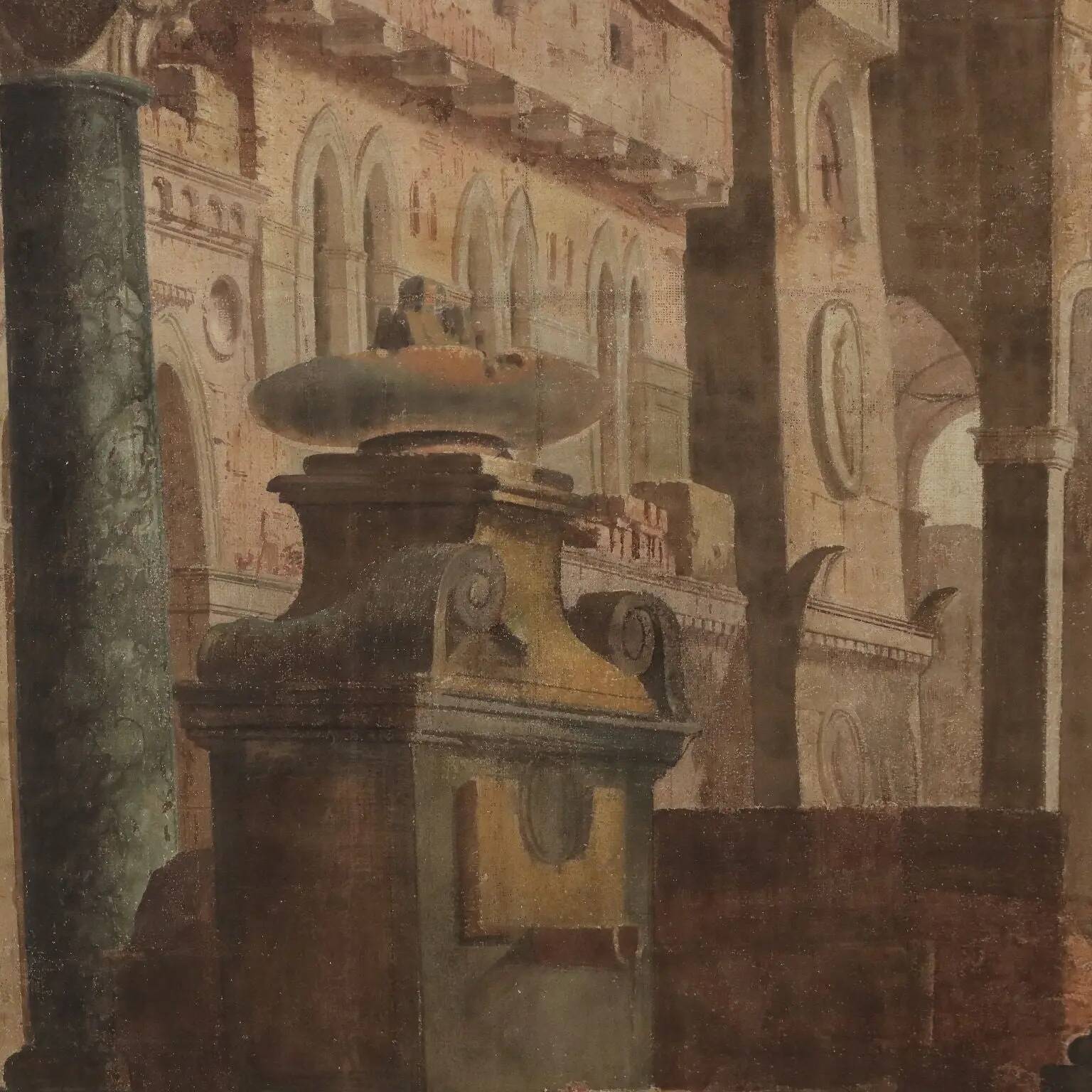 Large ancient architectural painting in tempera on canvas from the 18th century.