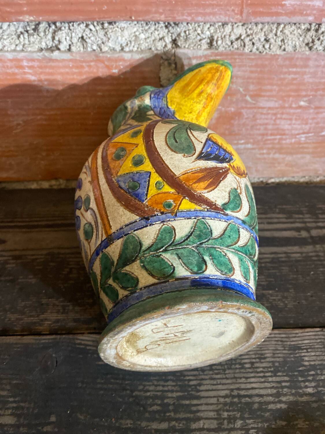 Antique Style Monaco Perugia Ceramic Pitcher with Multicolored Bird Decoration