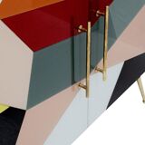 Mid-Century Italian Sideboard, Colorful Glass and Brass, Geometric Design.