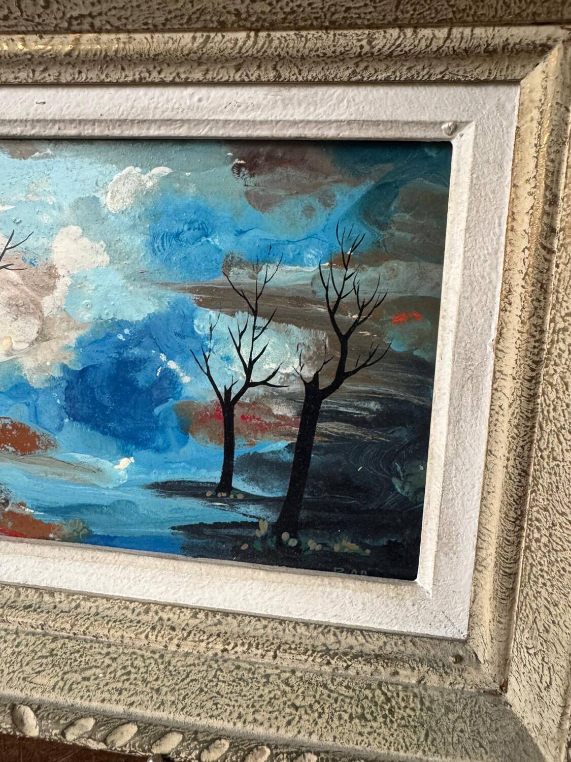 Chiaroscuro landscape painting signed ROLL, oil on cardboard, framed