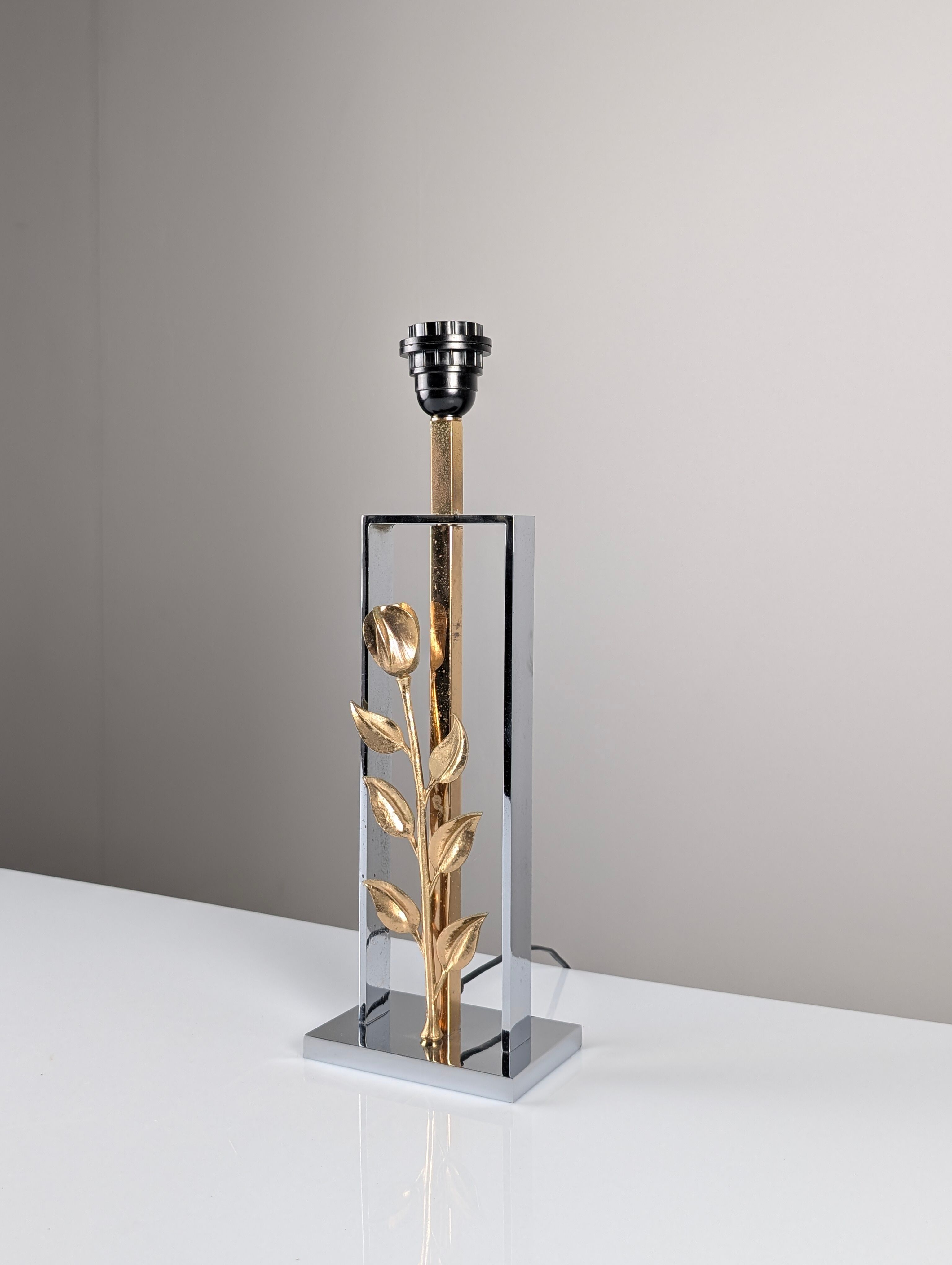 Maison Charles table lamp in chrome and gilt bronze with rose, France, 1970s