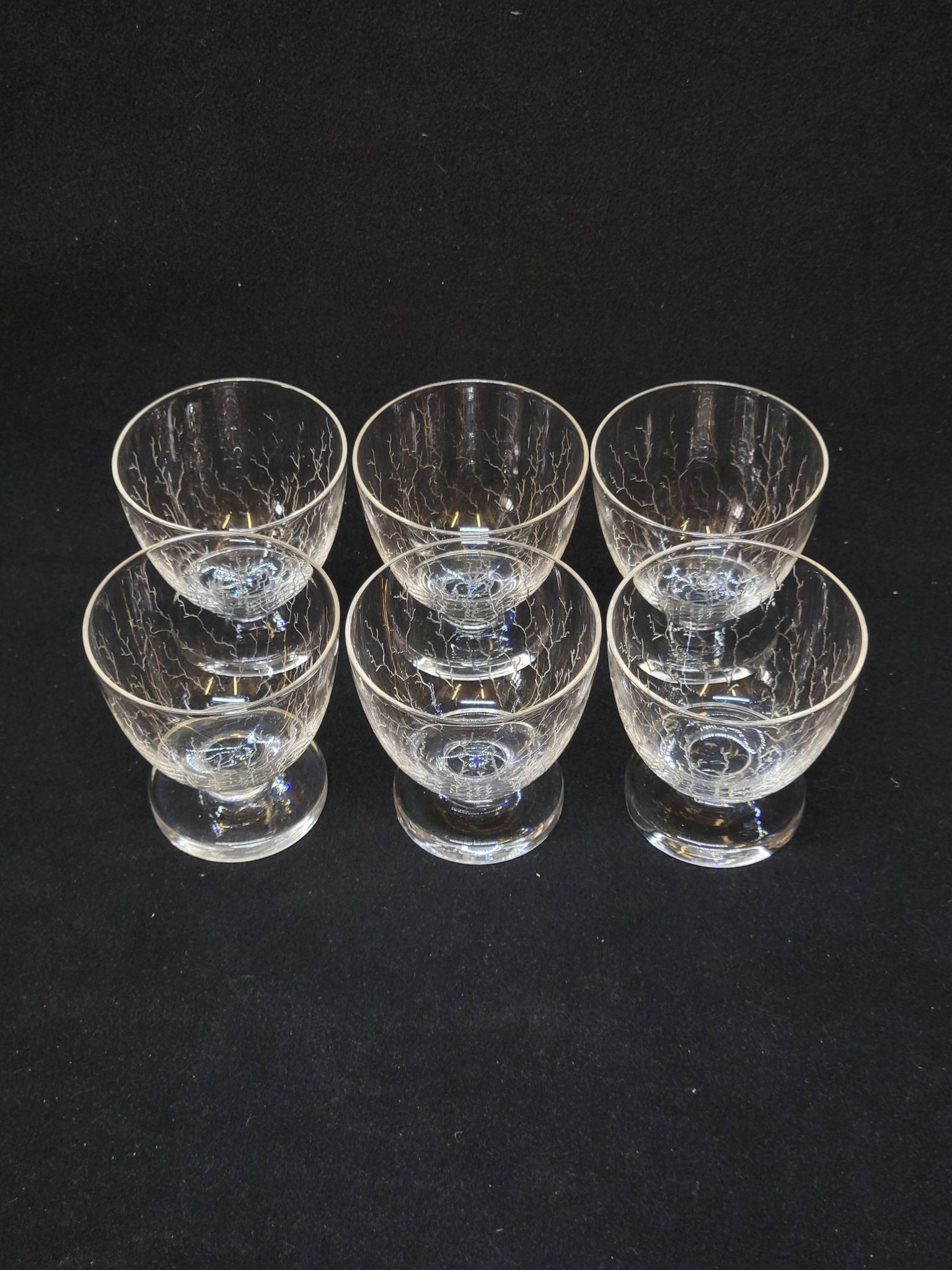 6 Verres A Liqueur / Digestif En Cristal Gravé Craquelé Craquelures