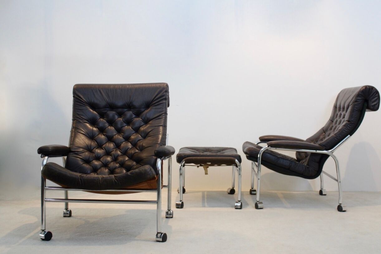Paire de fauteuils 'bore' en cuir Noboru Nakamura avec pouf, années 1970