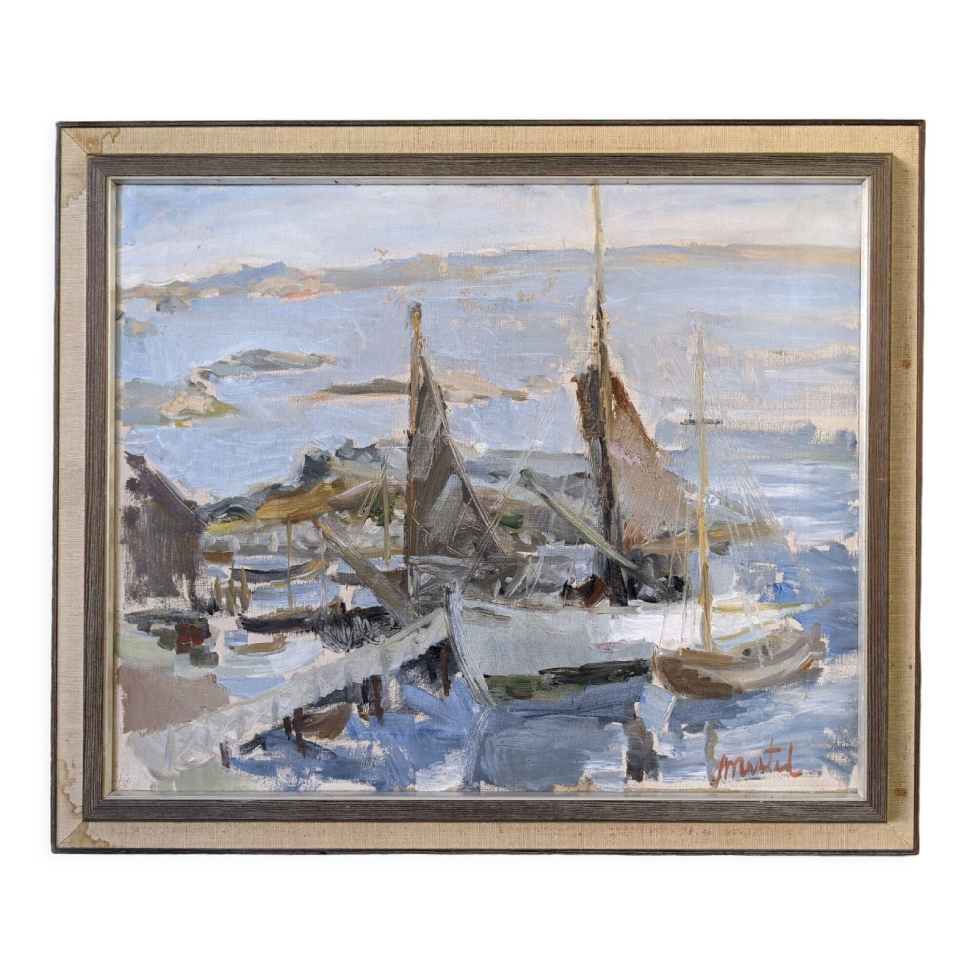 Mid-century modern swedish "archipelago boats" vintage seascape, framed oil painting
