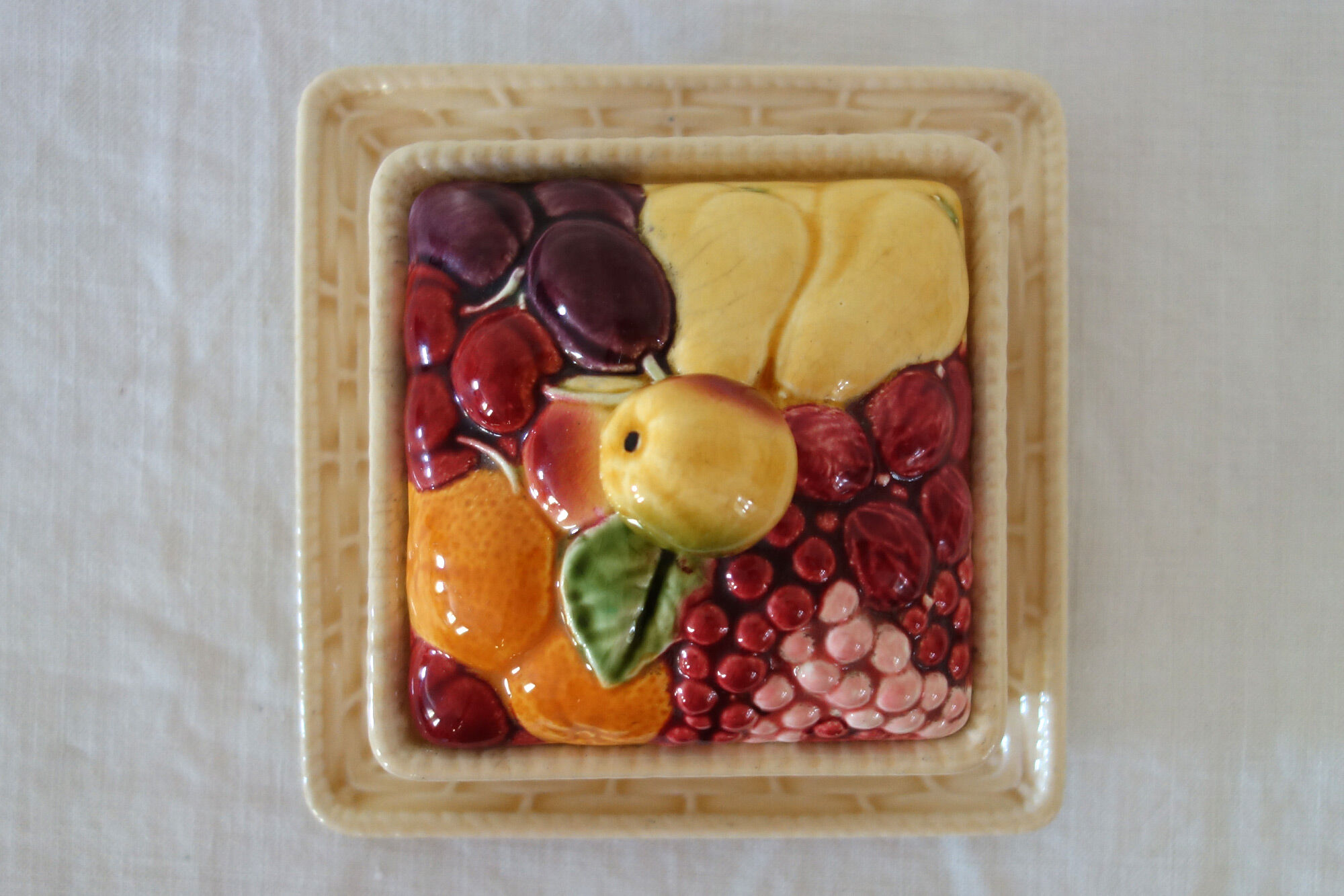 Old sweet jar / fruit basket, square shape, in Sarreguemines ceramic.