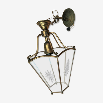 Ancienne lanterne en laiton à verres gravés 6 faces de style Louis XVI