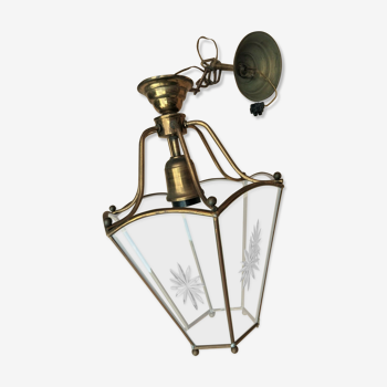 Old brass lantern with engraved glasses 6 sides of Louis XVI