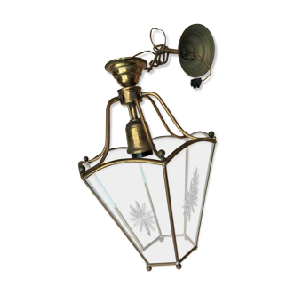 Old brass lantern with engraved glasses 6 sides of Louis XVI