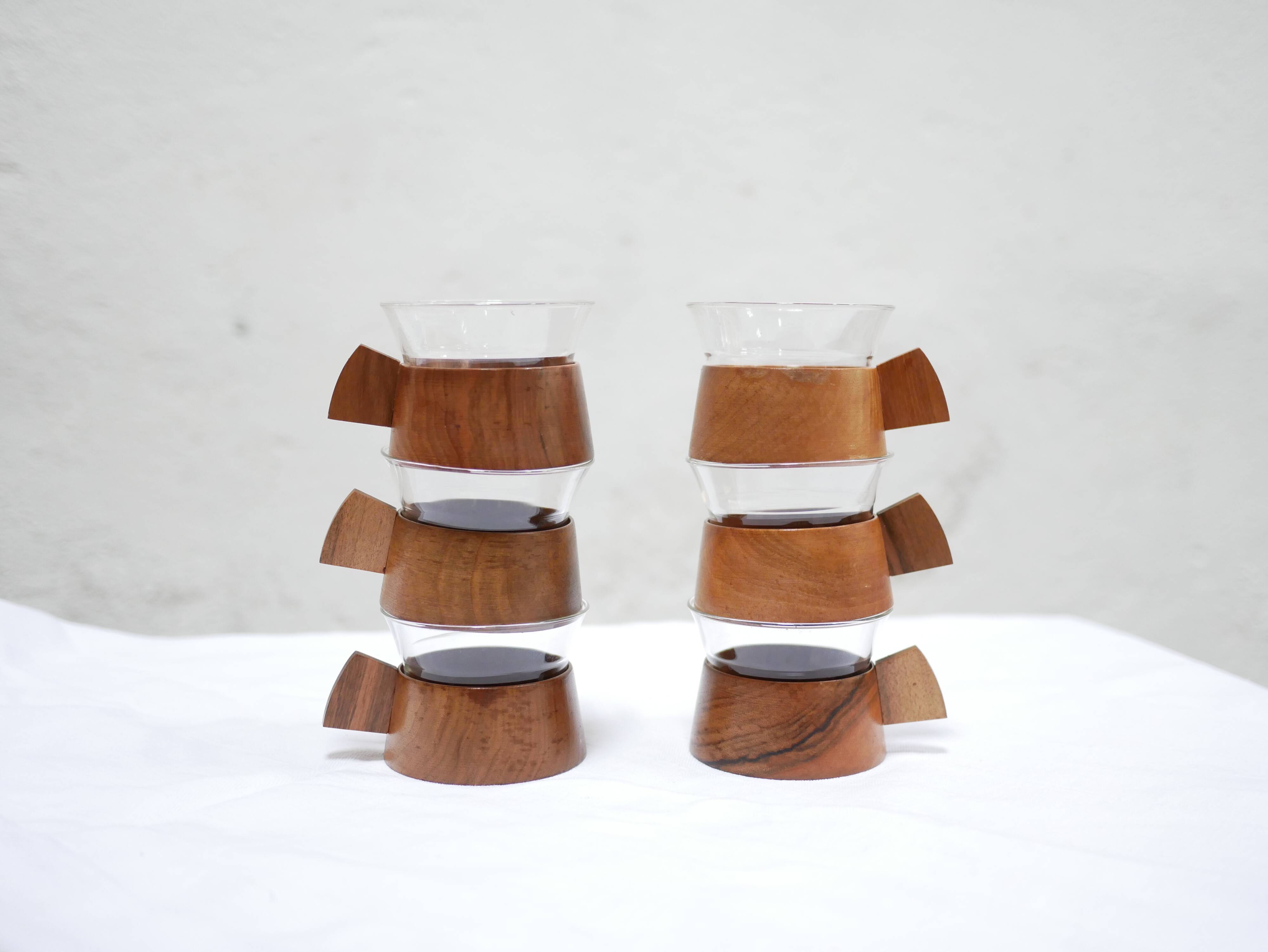 Series of 6 vintage Scandinavian cups in Schott & Gen Mainz teak and glass