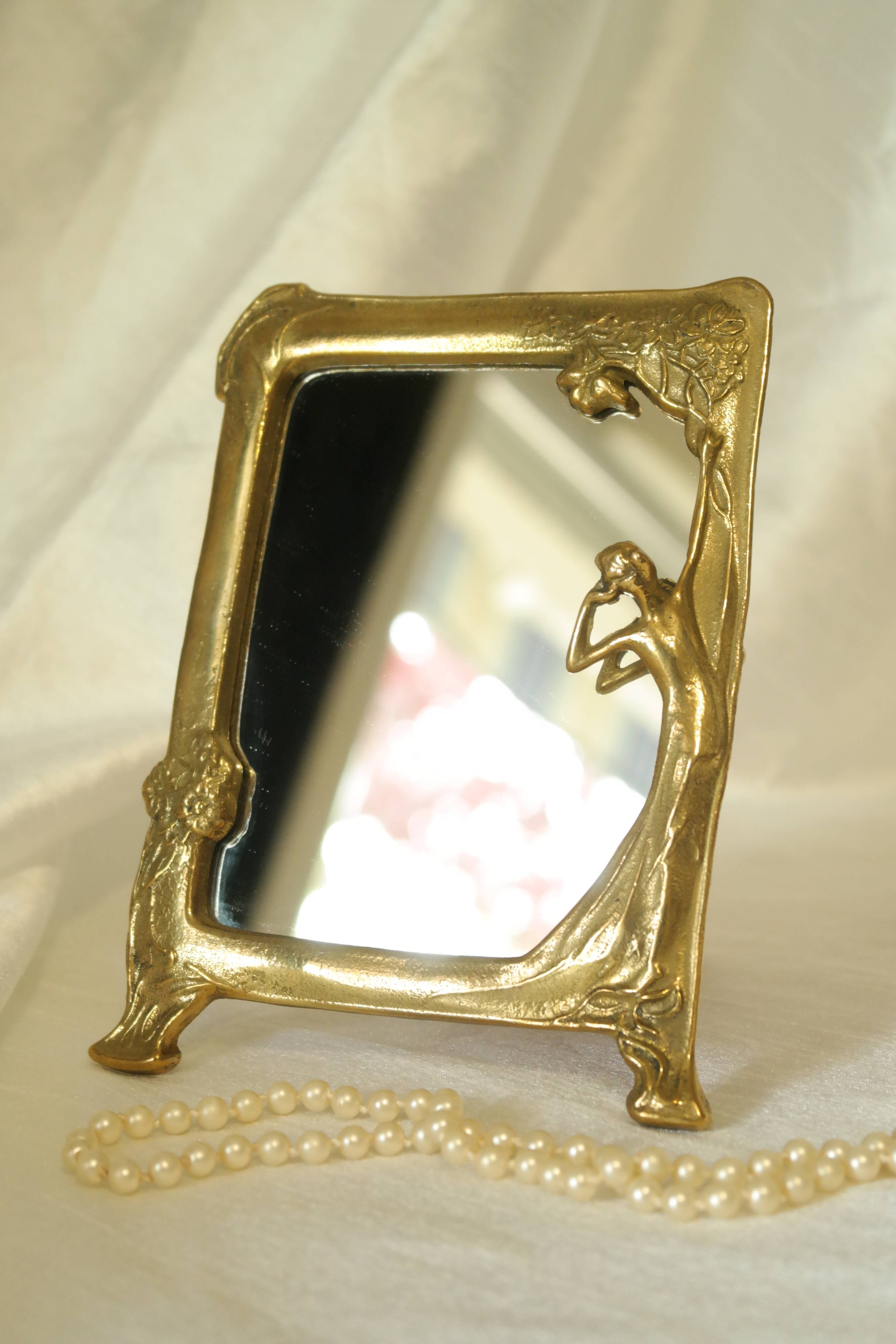 Art Nouveau brass bridge mirror 17 x 13