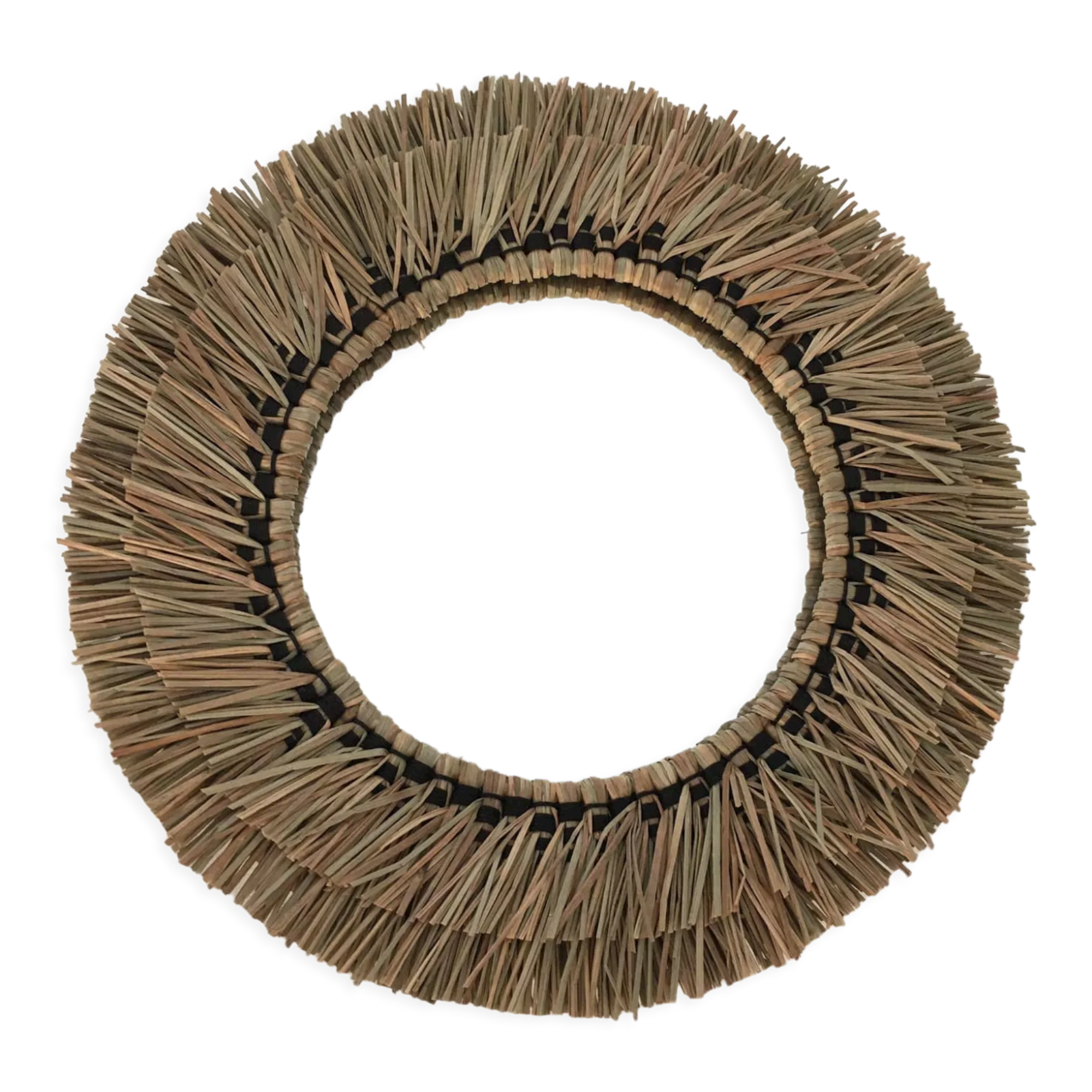 Wall mirror in natural raffia and black cords on wooden support, 37 cm