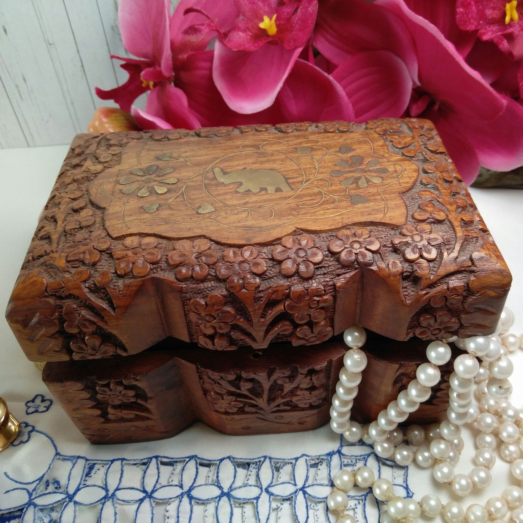 Ancient wooden jewelry box with mirror, engravings and brass décor,Asia India