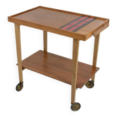 Vintage rolling bar or serving trolley, red ceramic, 1950s design