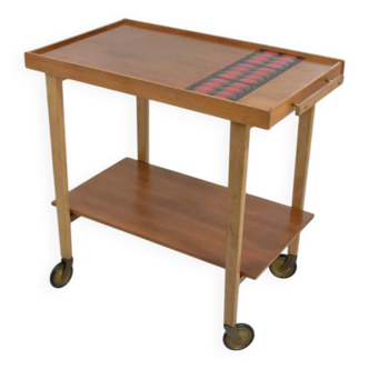 Vintage rolling bar or serving trolley, red ceramic, 1950s design