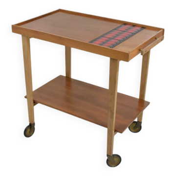 Vintage rolling bar or serving trolley, red ceramic, 1950s design