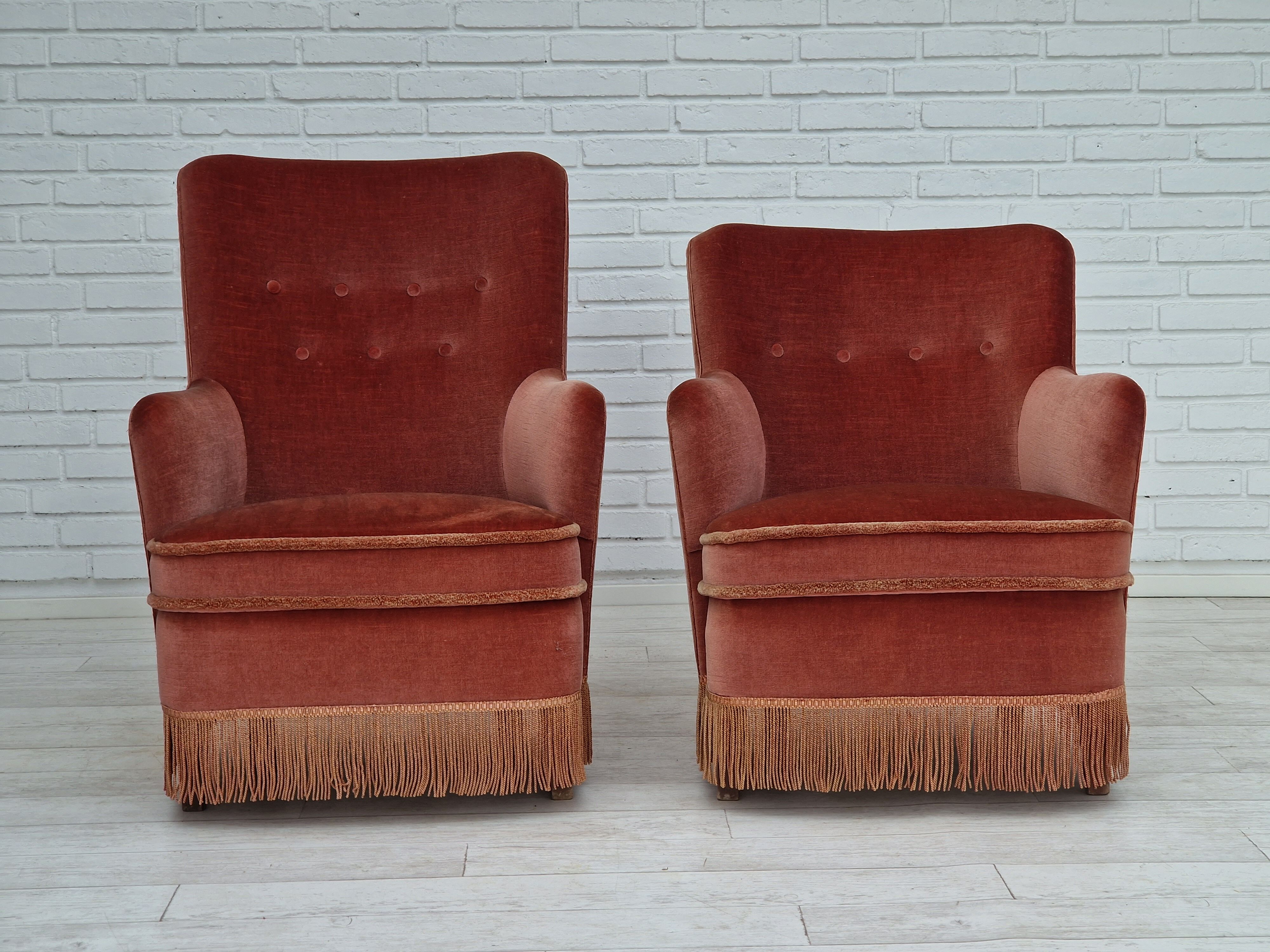 1970s, Danish set of two velour armchairs, original condition, beech wood.