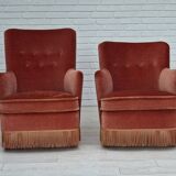 1970s, Danish set of two velour armchairs, original condition, beech wood.