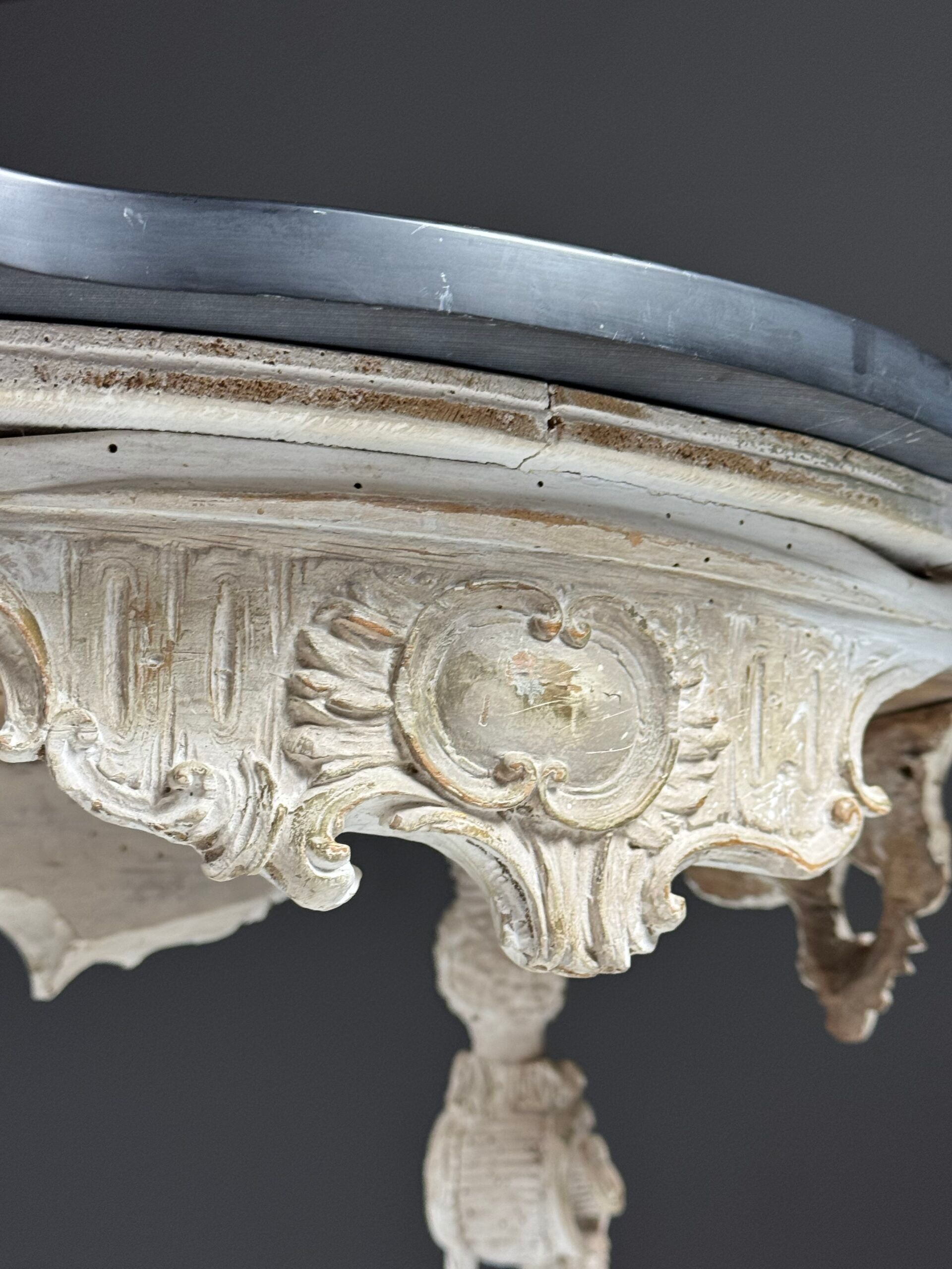 French side table hand-carved wood with marble top