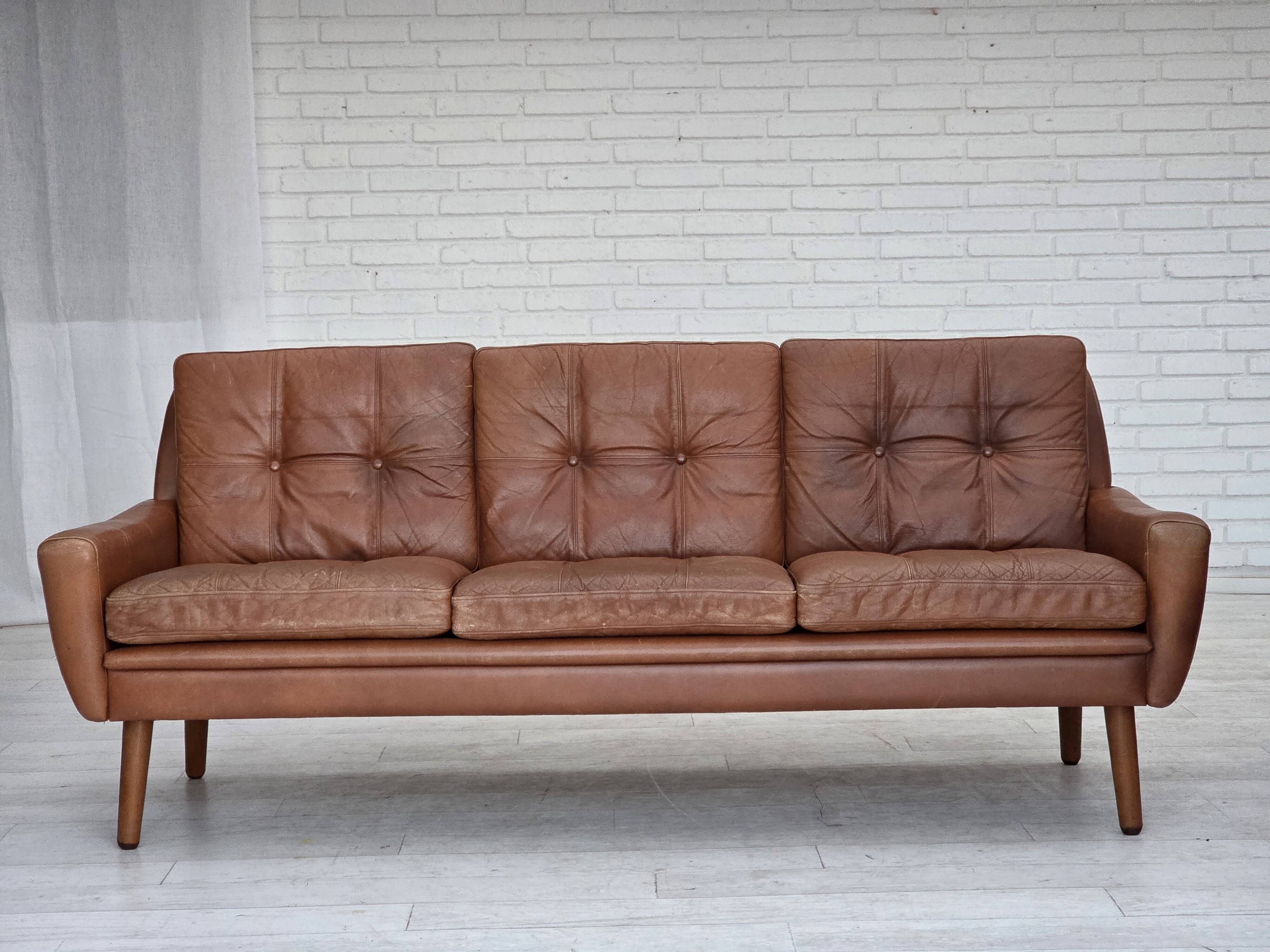 1970s, 3-seater Danish sofa, brown furniture leather with patina.