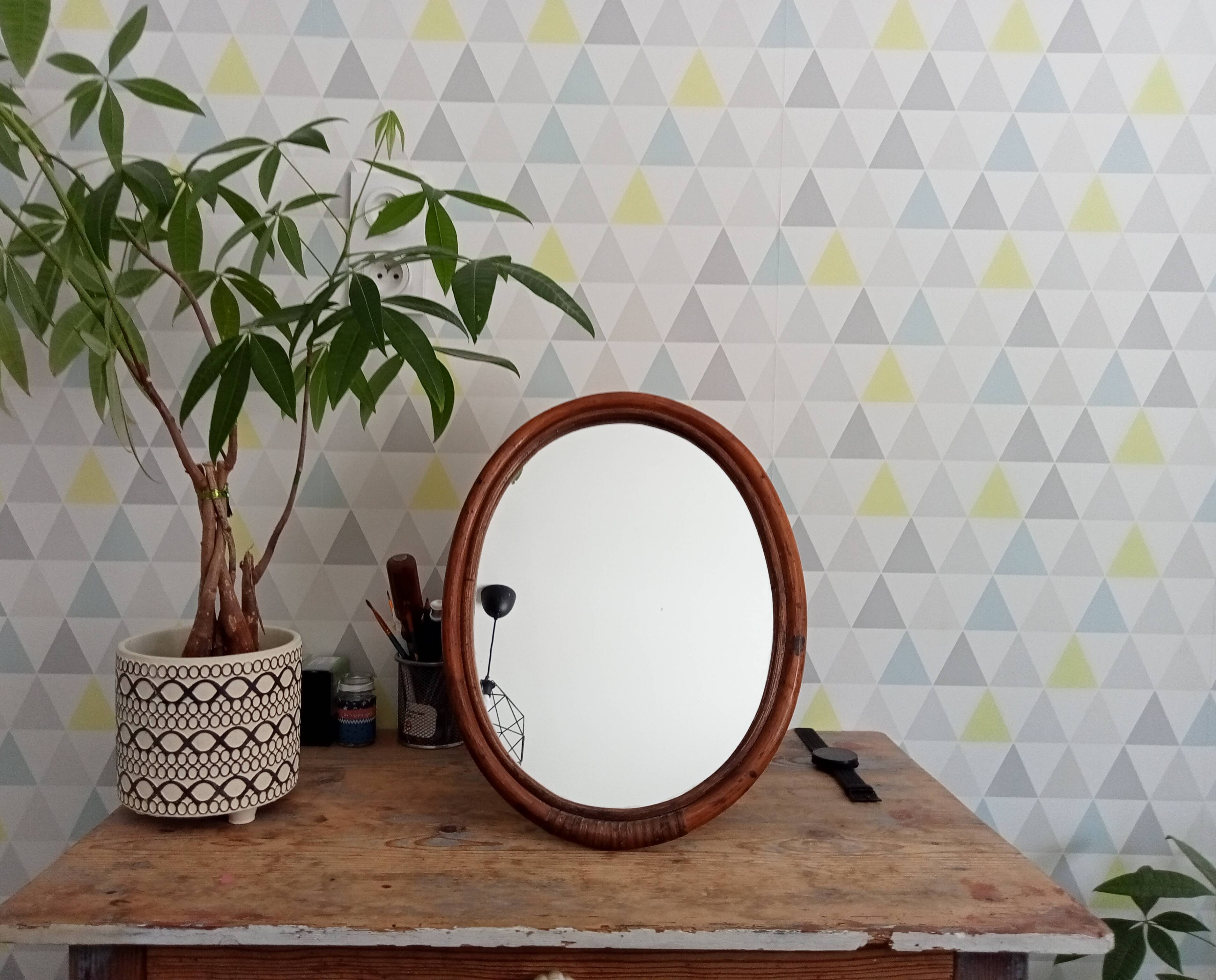 Antique rattan table mirror early 20th century