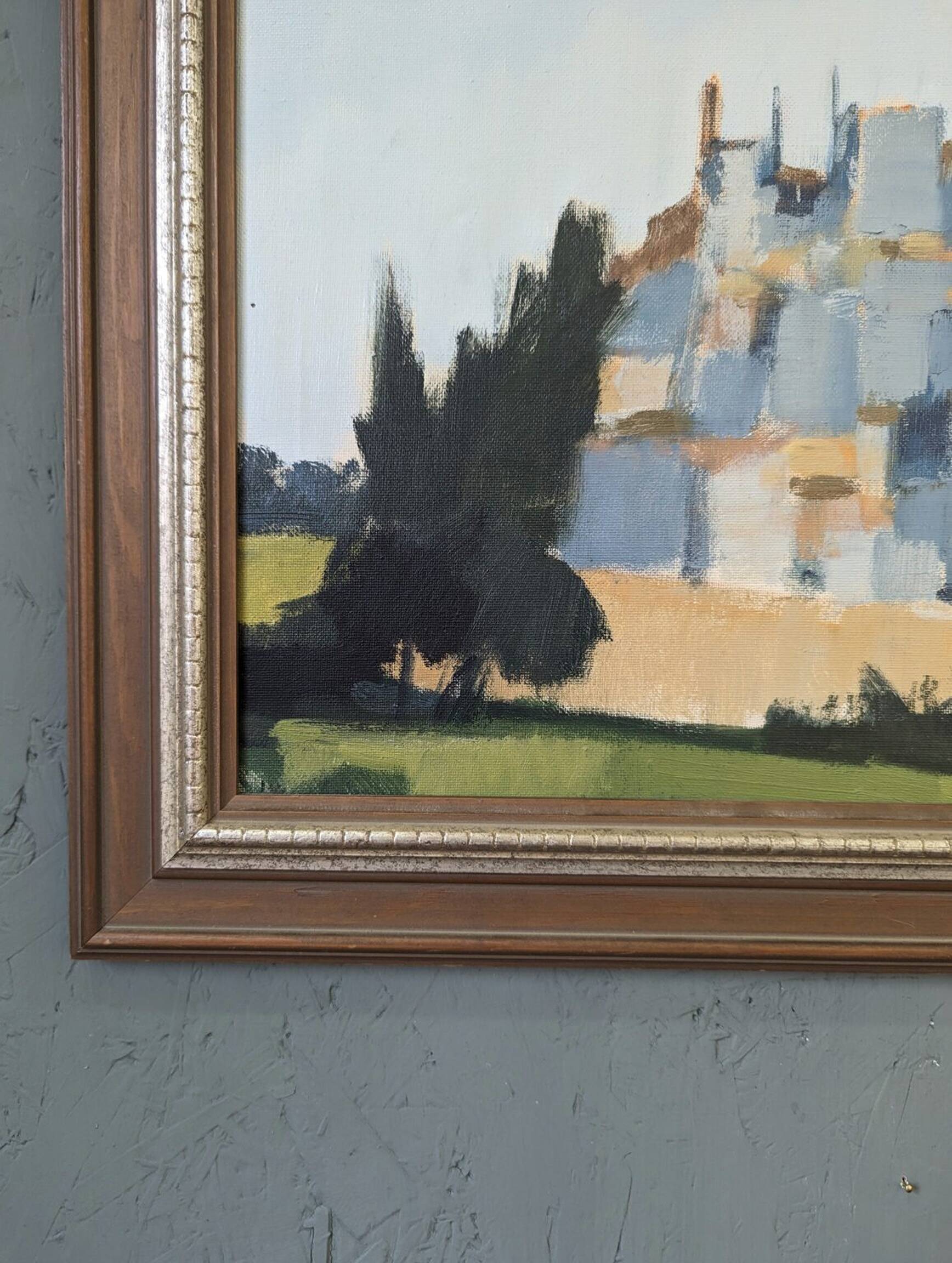 Mid-Century Modern "City Stroll" Vintage Swedish Cityscape Street Scene Oil Painting, Framed