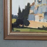 Peinture à l’huile de scène de rue de paysage urbain suédois vintage moderne du milieu du siècle « City Stroll », encadrée
