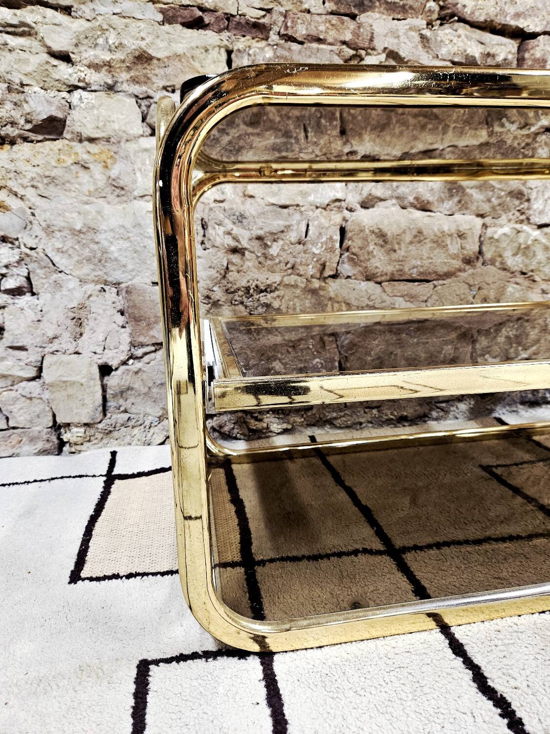Brass coffee table with sliding top and smoked glass, 1970s vintage