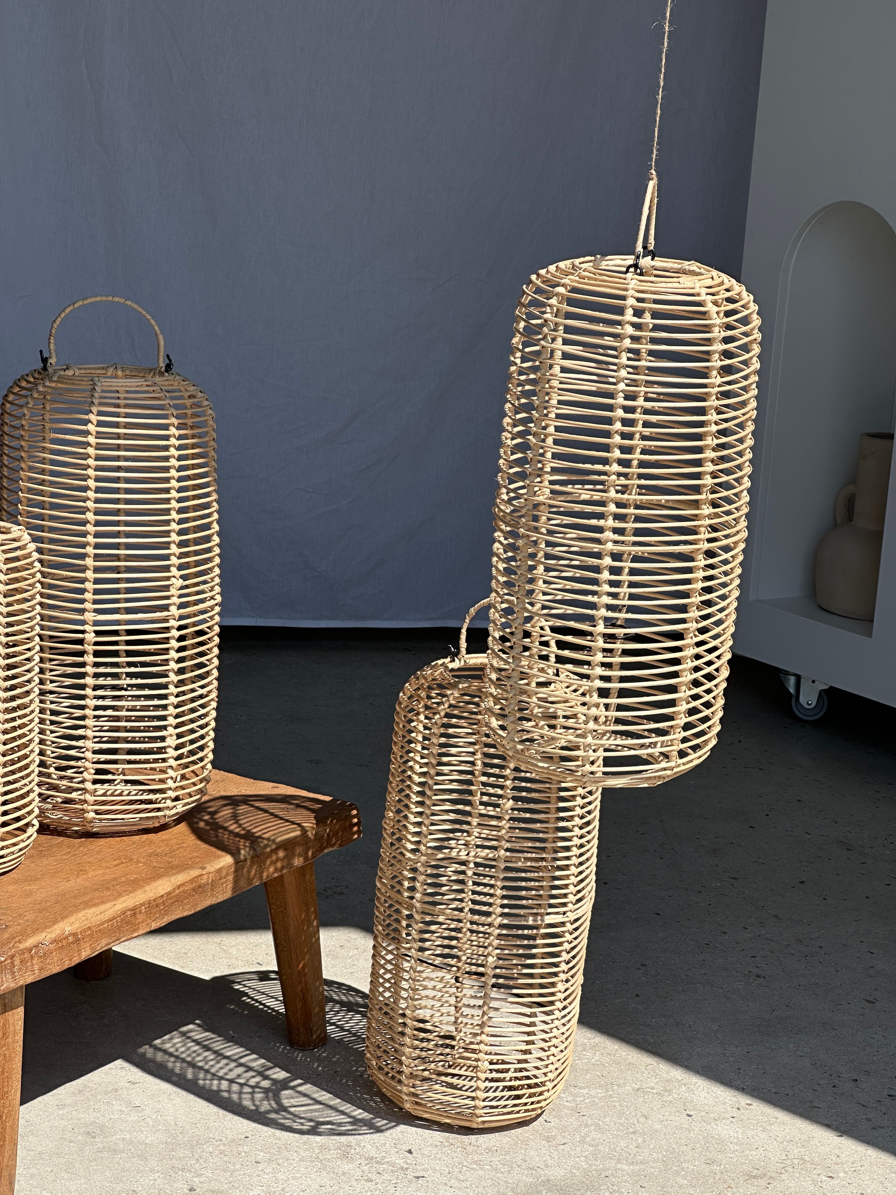 Large lantern-shaped rattan pendant lamp H50 D24