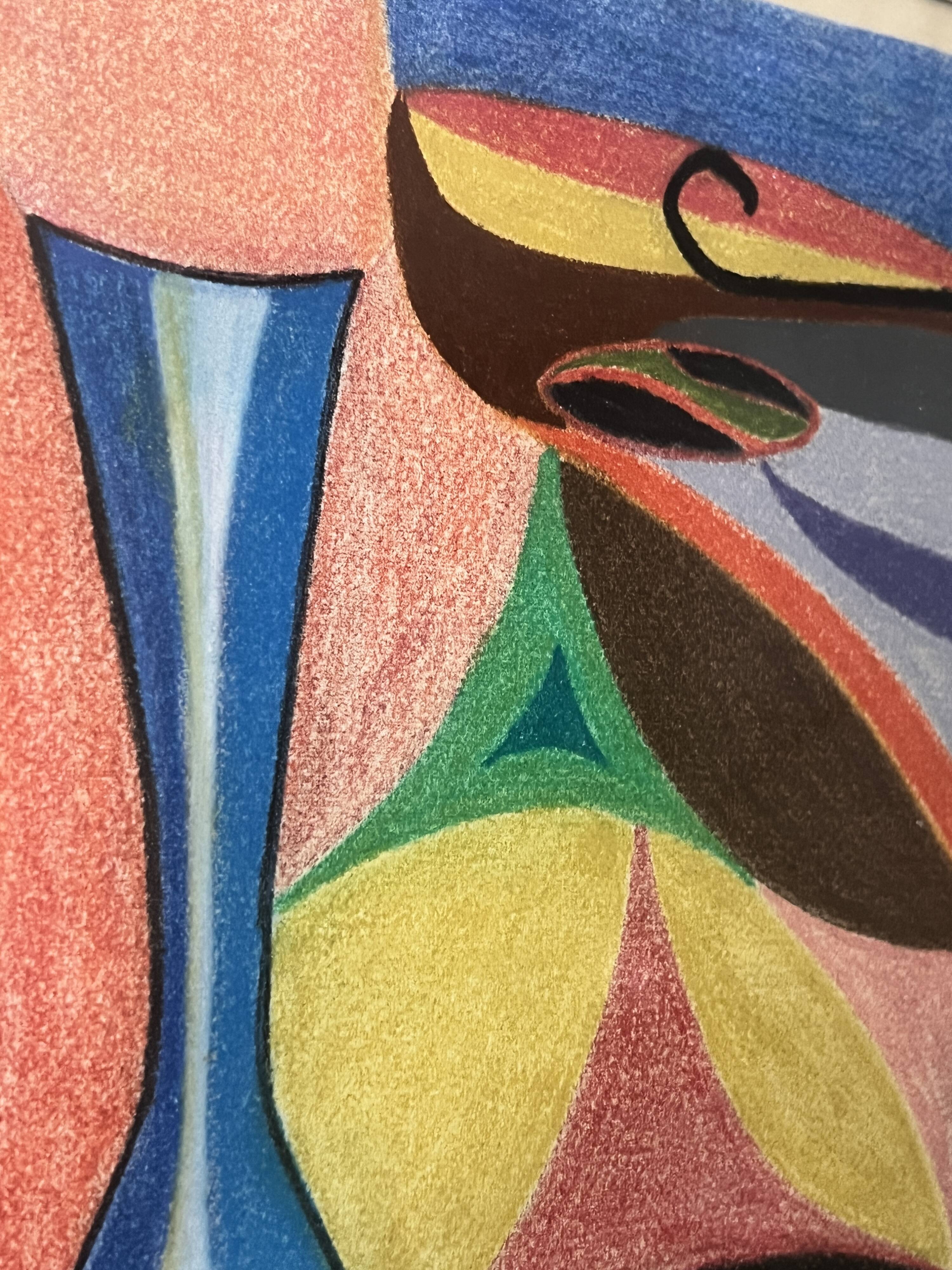 Vintage pastel cubist still life painting under glass and signed from 1967.