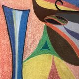 Vintage pastel cubist still life painting under glass and signed from 1967.