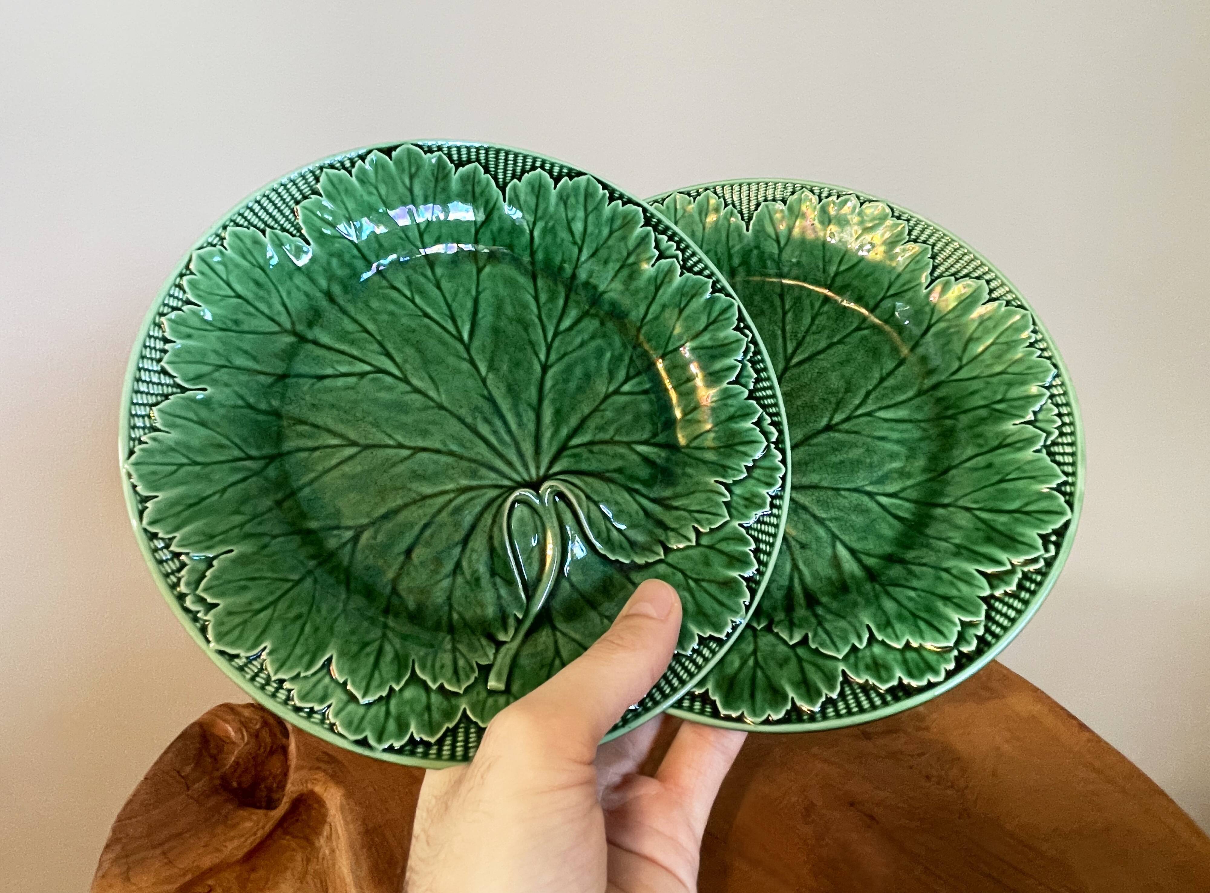 19th Century Wedgwood Green Grape Leaf Plates with Basket Weave