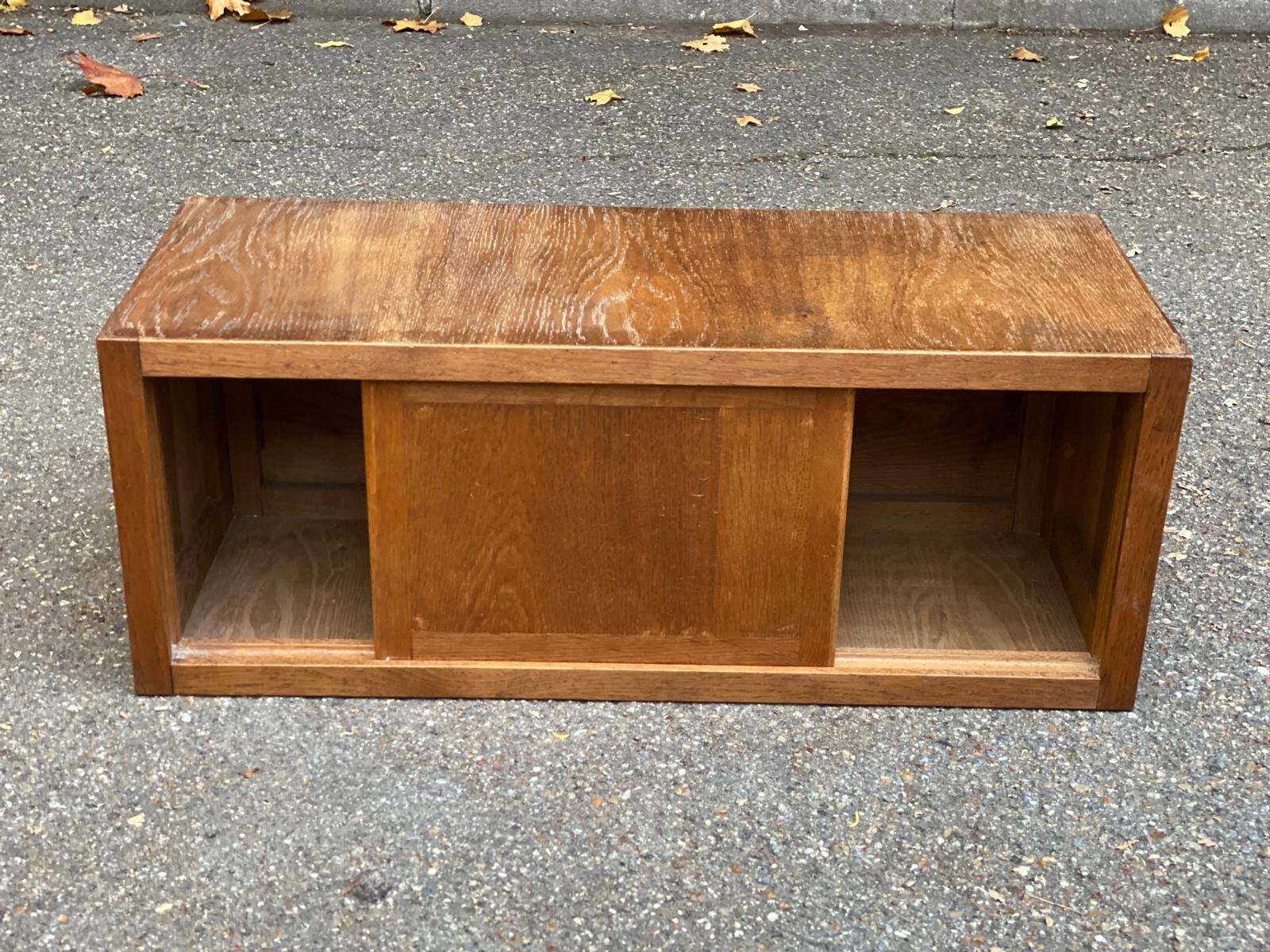 Horizontal filing cabinet with sliding curtains in oak