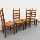 Set of 4 vintage brutalist Charles Dudouyt chairs in wood and straw from the 60s