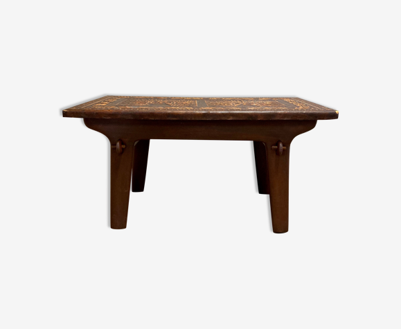 Table basse bois marron et cuir A.Pazmino equateur 1960