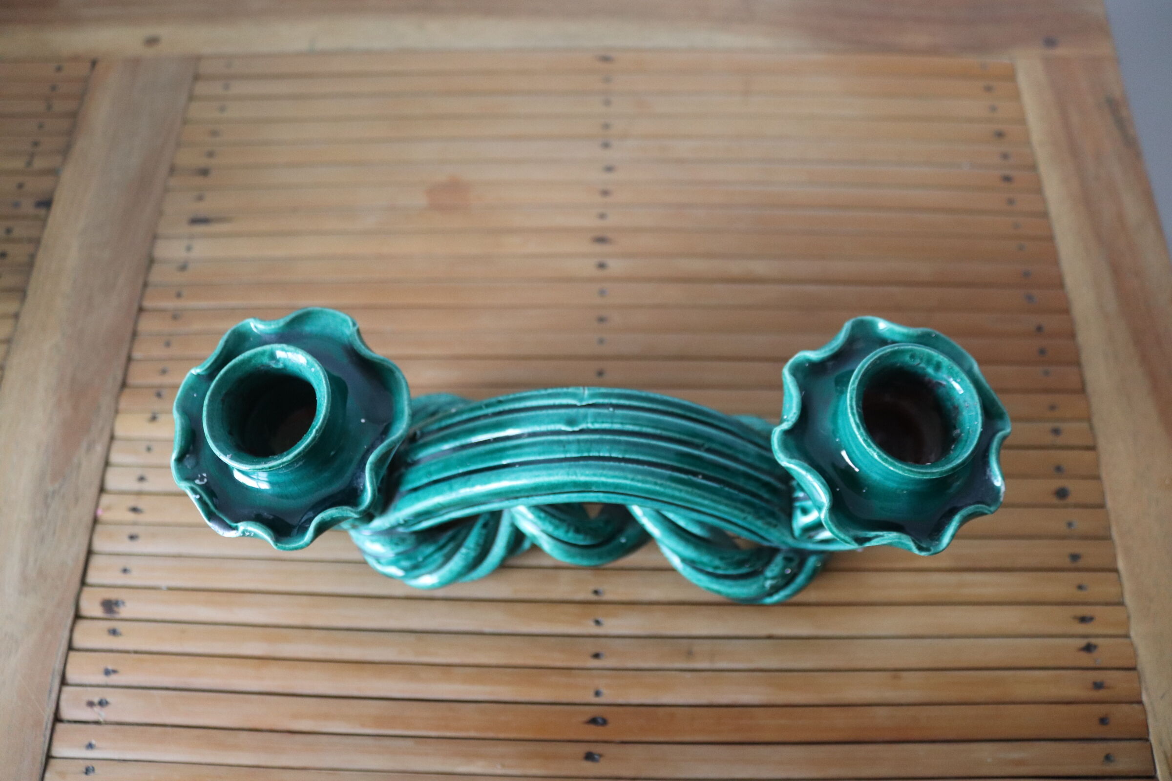 Double candle holder in green ceramic vallauris