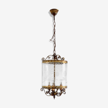 Suspension bronze lantern with engraved glass