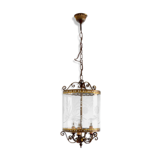 Suspension bronze lantern with engraved glass
