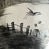 Carafe- Décor d'un paysage lacustre et d'une grue prenant son envol